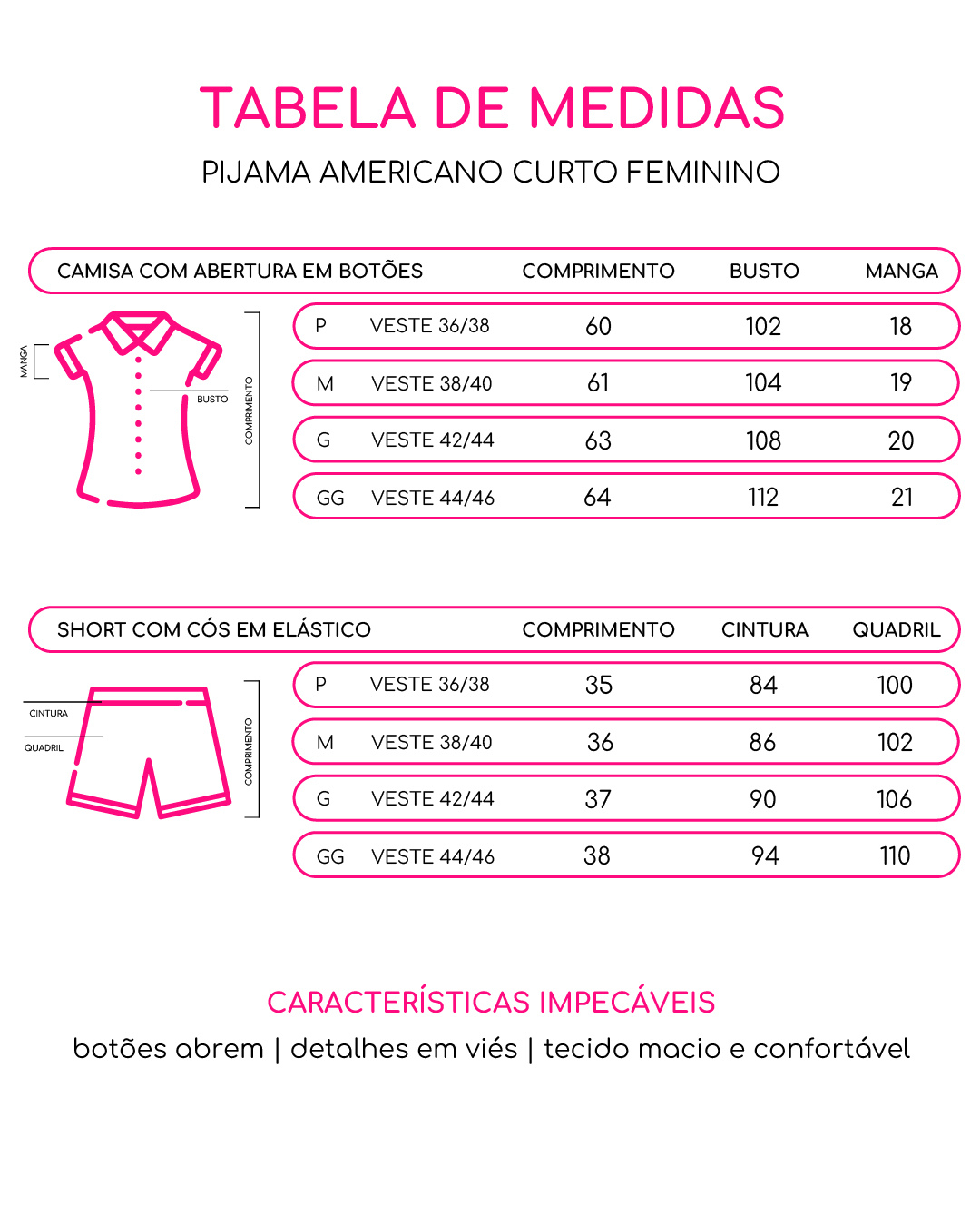Tabela de medidas do conjunto feminino americano curto Bellanuit, com tamanhos do P ao GG em fundo rosa