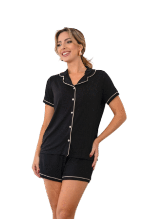 Conjunto Americano Luna Preto com Detalhes Bege - 2 peças