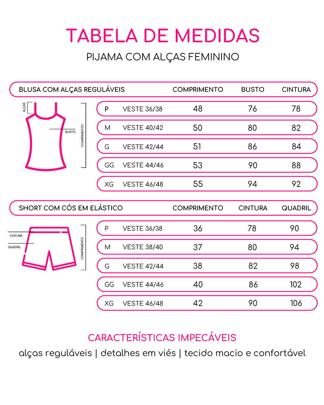 Tabela de medidas do pijama feminino com alças da Bellanuit, com tamanhos do P ao XG em design rosa delicado