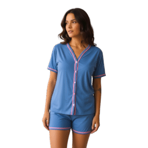 Conjunto Americano Ana, azul com detalhes em rosa