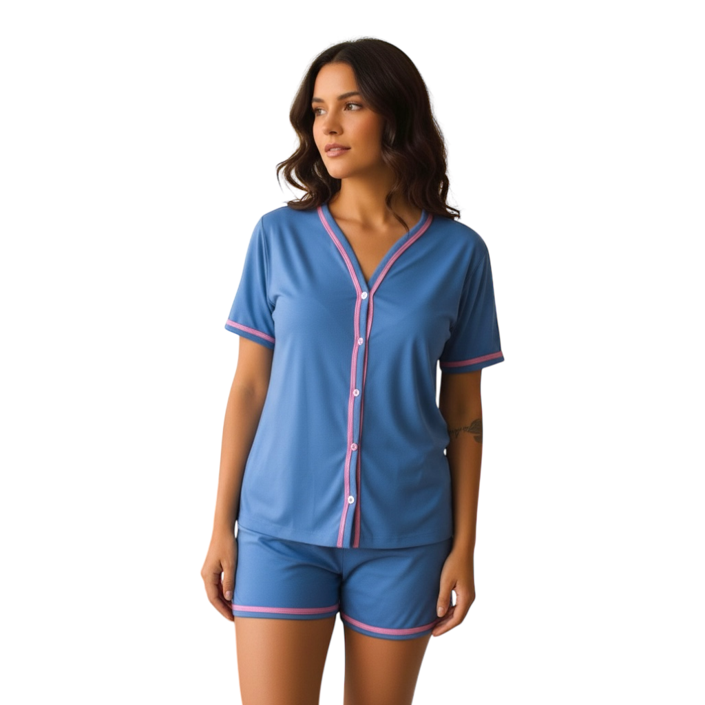 Conjunto Americano Ana, azul com detalhes em rosa