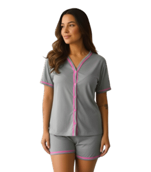 Conjunto Americano Ana cinza com detalhes em rosa